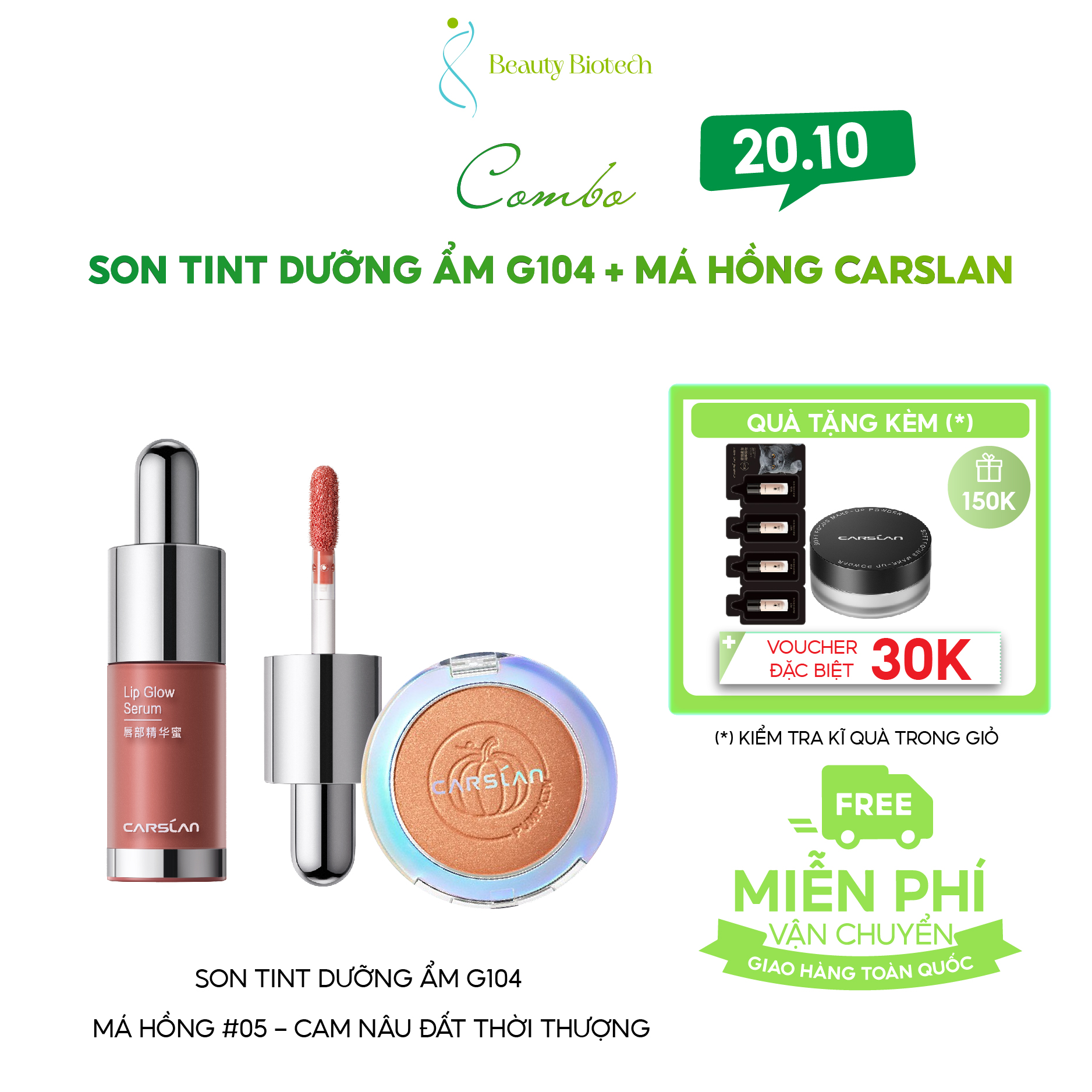 [COMBO CARSLAN] Son Tint Carslan Cấp Ẩm Căng Mọng 4.5g + Phấn Má Hồng Carslan 6 Màu 5.5g